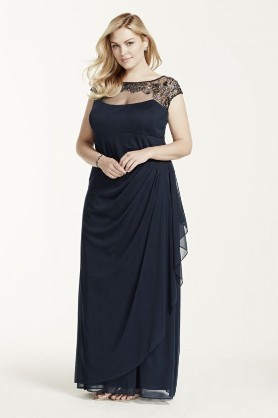 Cap Sleeve Long Jersey Dress with Beaded Neckline Style XS5531W
