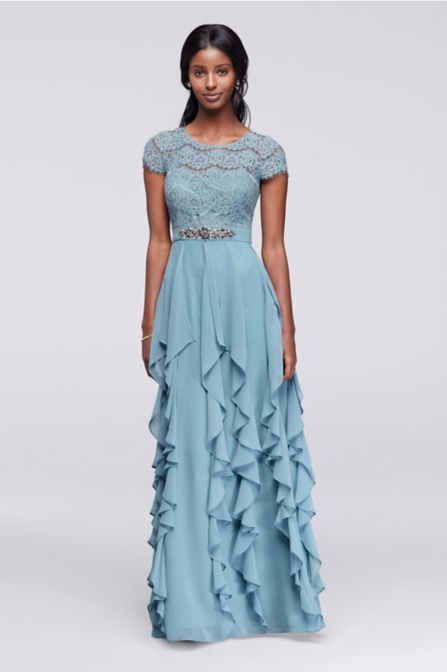 Scoop Neckline Long Lace Bodice Dress with Ruffled Skirt 183165DB