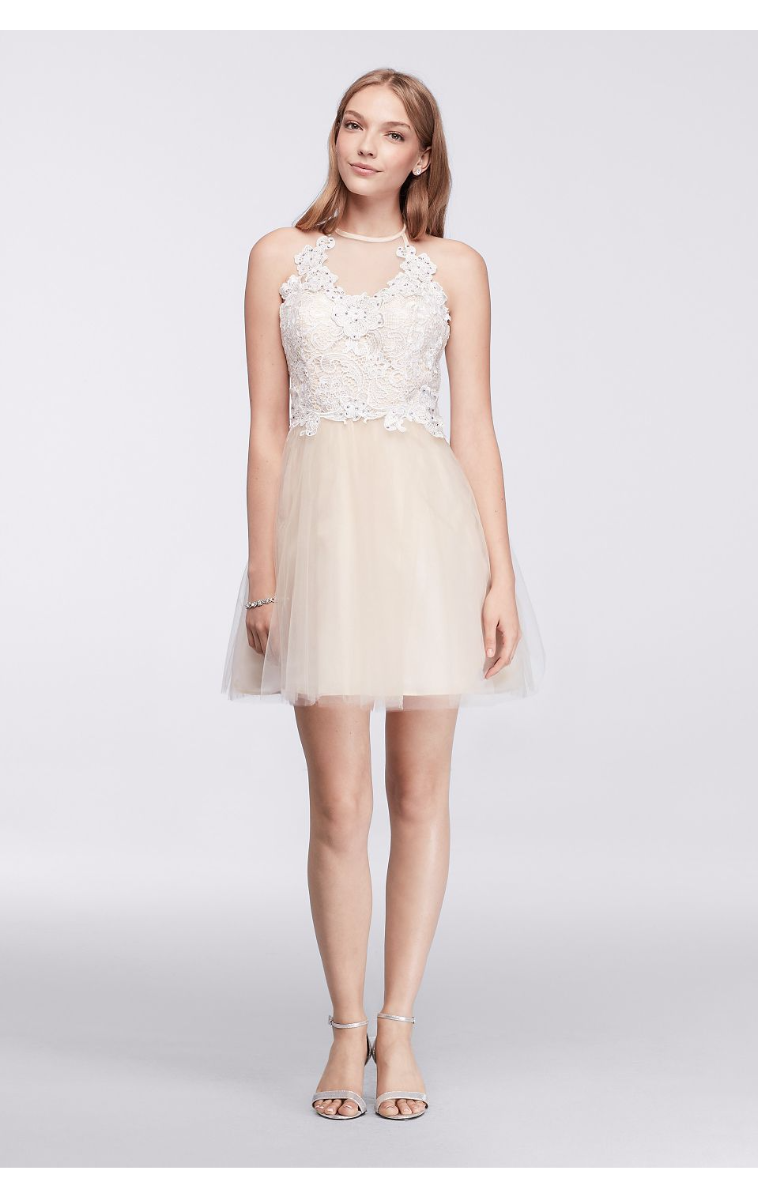 Short Halter Dress with Illusion Lace Neckline 3100899