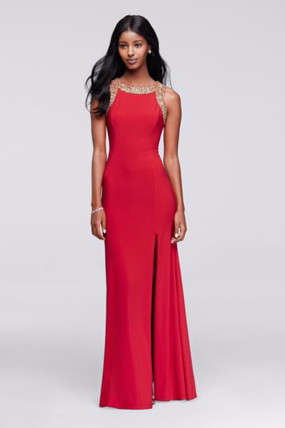 Long Red Beading Embellished Dress with Side Slit 3539DB