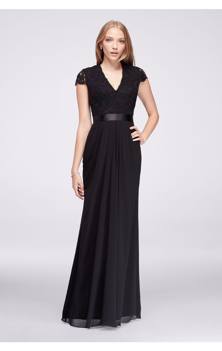 Long Short Sleeves A-line Chiffon V-neck Evening Dresses with Scalloped Lace Bodice Style 39J006