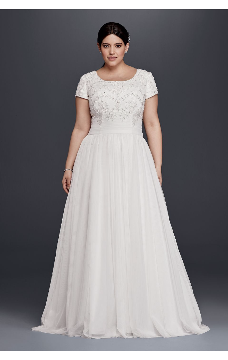 Hot Sale 4XL9SLWG3811 Style Short Sleeves Scoop Neckline A-Line Beaded Wedding Dress Plus Size