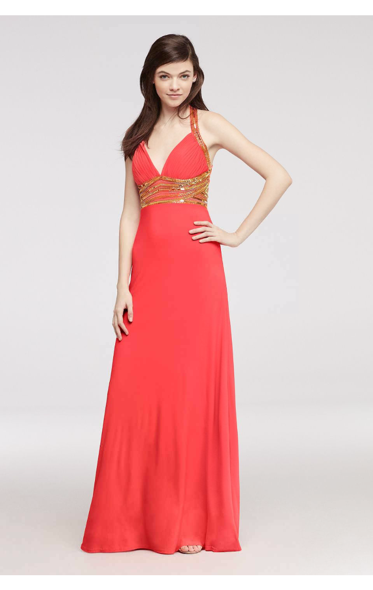 Hot Sale Beautiful Beaded Halter Long Jersey Prom Dress 56829D Style with Open Back