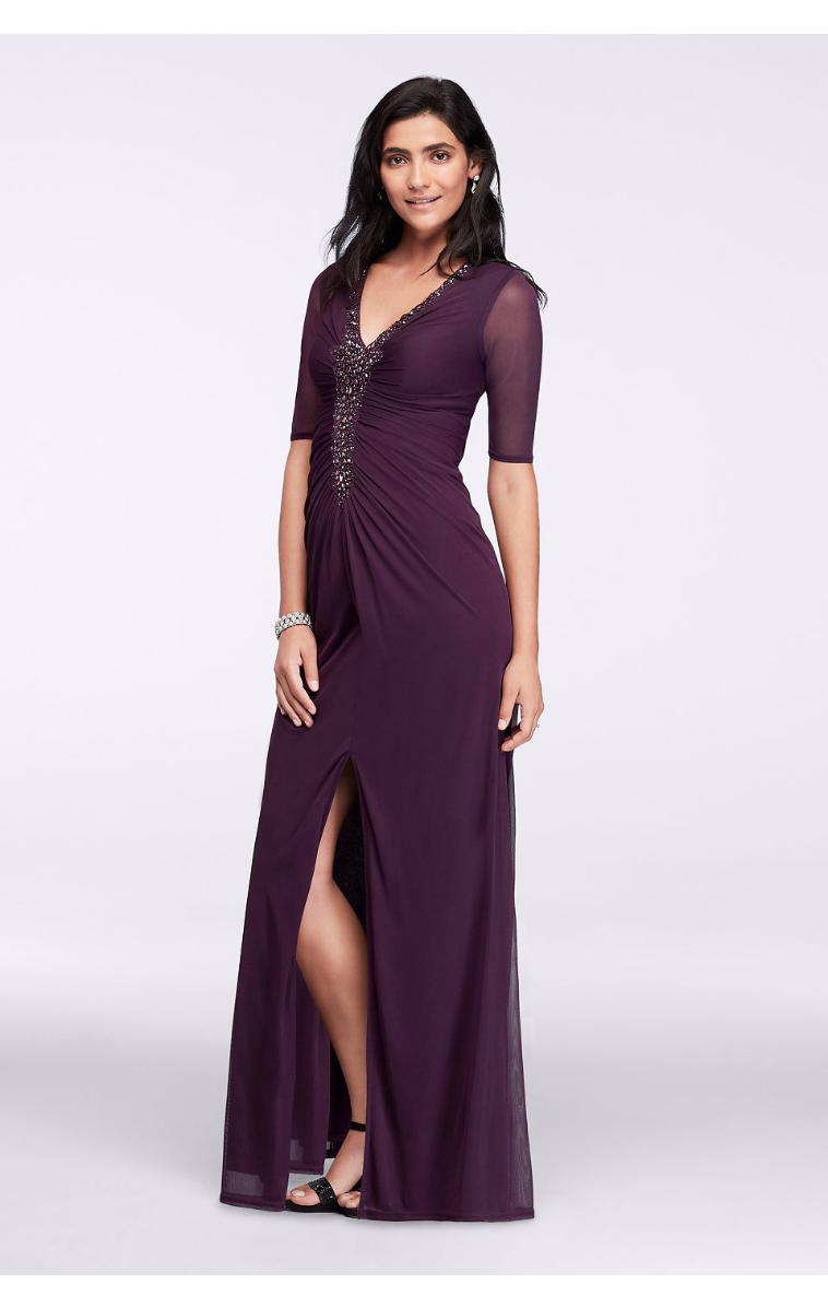 Long Illusion Sleeves v Neckline Dress with Ruched Bodice 644928I