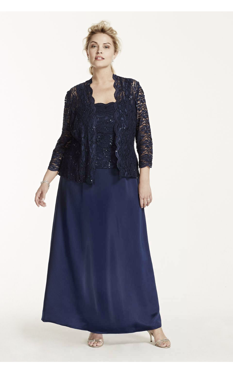 Two Stunning 6512887 Style Long Satin Dress with 3/4 Lace Sleeved Jacket
