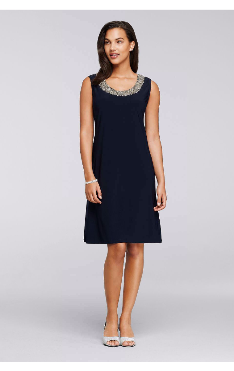 Elegant Short Mother of the Bride Navy Color Dress with Illusion Panel Jacket 8442