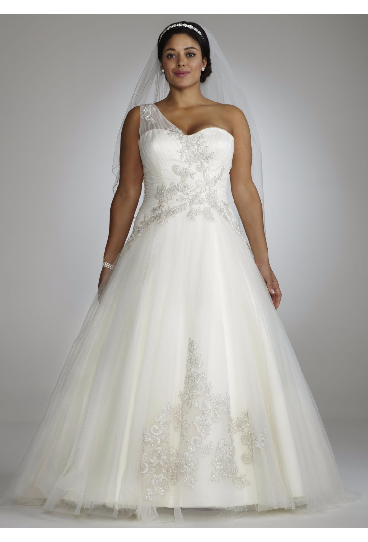 Elegant One Shoulder Lace Appliqued Tulle Ball Gown Bridal Dress 8CKP421
