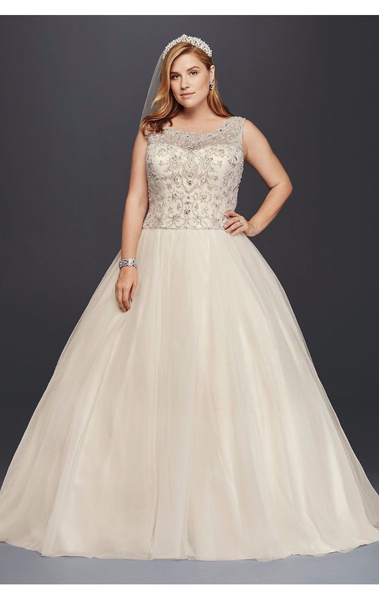 Shinning New Style Beaded Bodice 8CV745 Plus Size Wedding Gown with Tulle Skirt