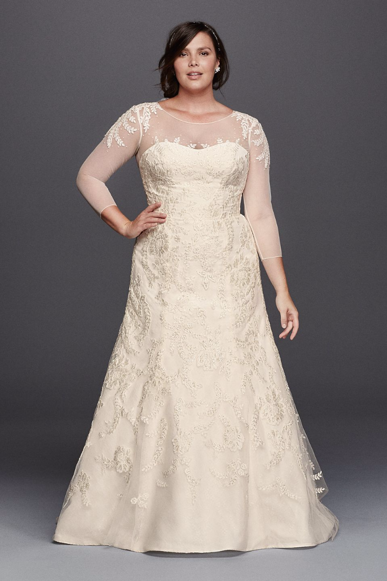 Plus Size Illusion Full Length Sleeves Lace Embroidered 8CWG704 Style Wedding Dress