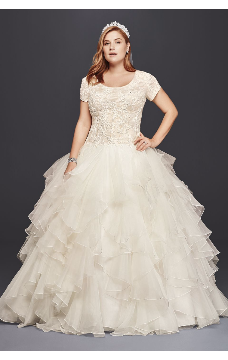 Plus Size Modest Ruffle Scoop Neckline Short Sleeves Wedding Dress 8SLCWG568