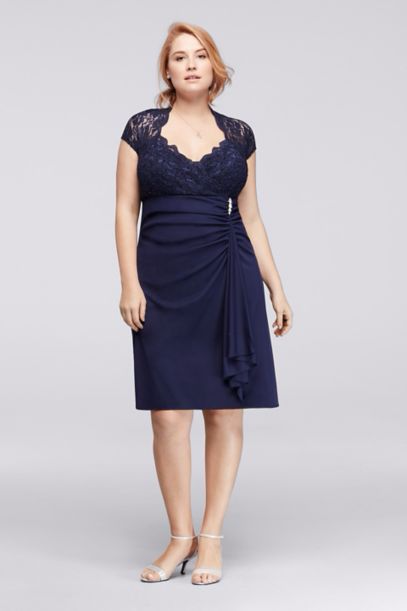 Plus Size Knee Length Dress with Glitter Lace Cap Sleeves 944664