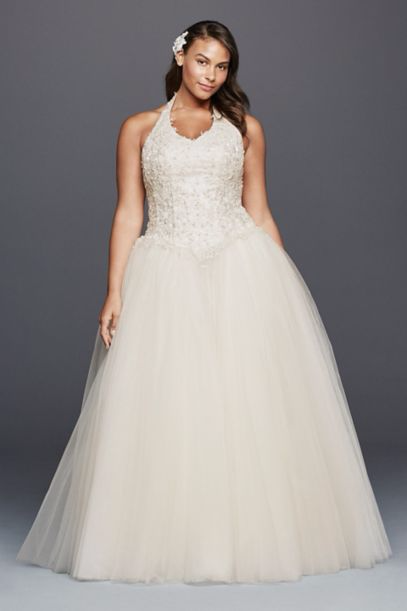 Plus Size Halter V-neck Lace Appliqued Top A-line Tulle Wedding Dresses 9OP1273