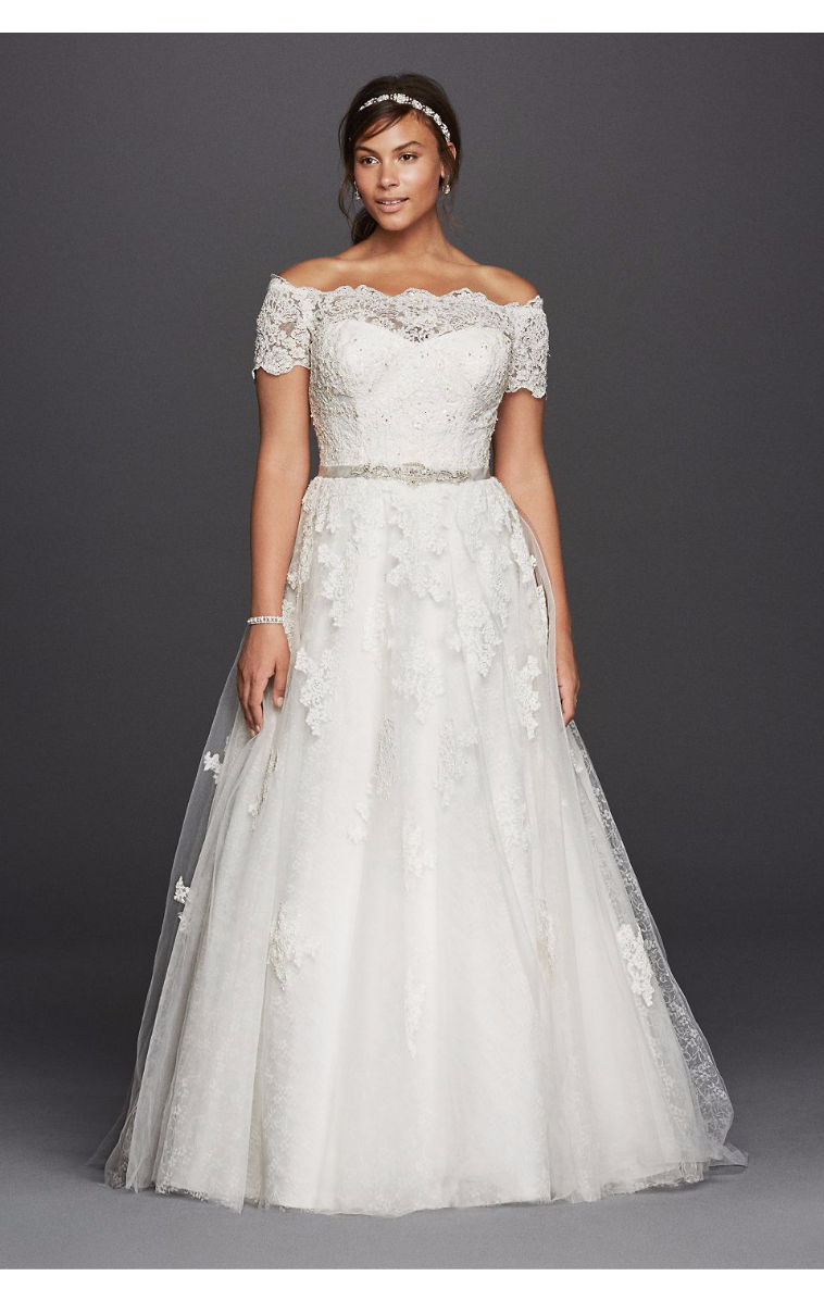 Jewel Scalloped Sleeve Off the Shoulder Plus Size Lace Wedding Dress 9WG3728 with Beaded Sashes