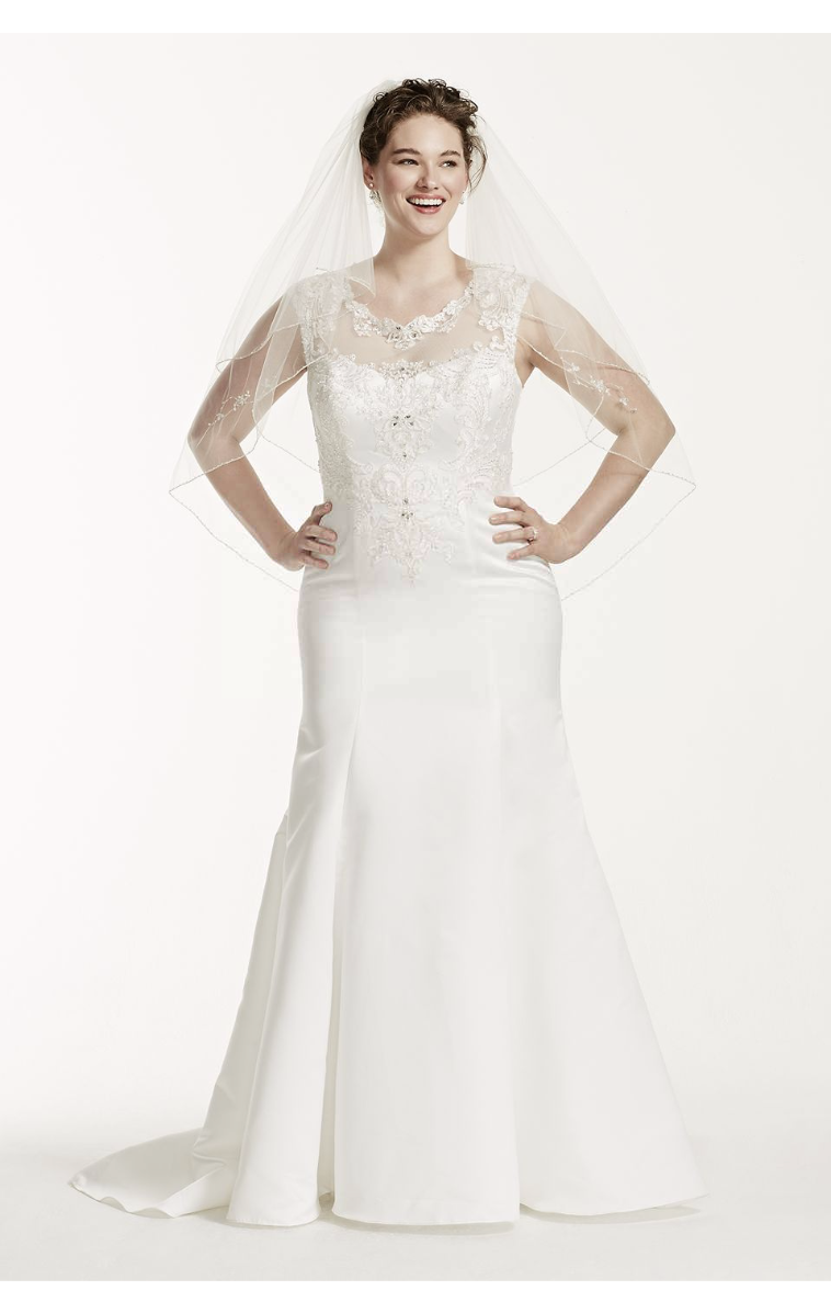Plus Size Jewel Cap Sleeve Lace Appliqued Illusion Neck Long Satin Wedding Gown 9WG3731