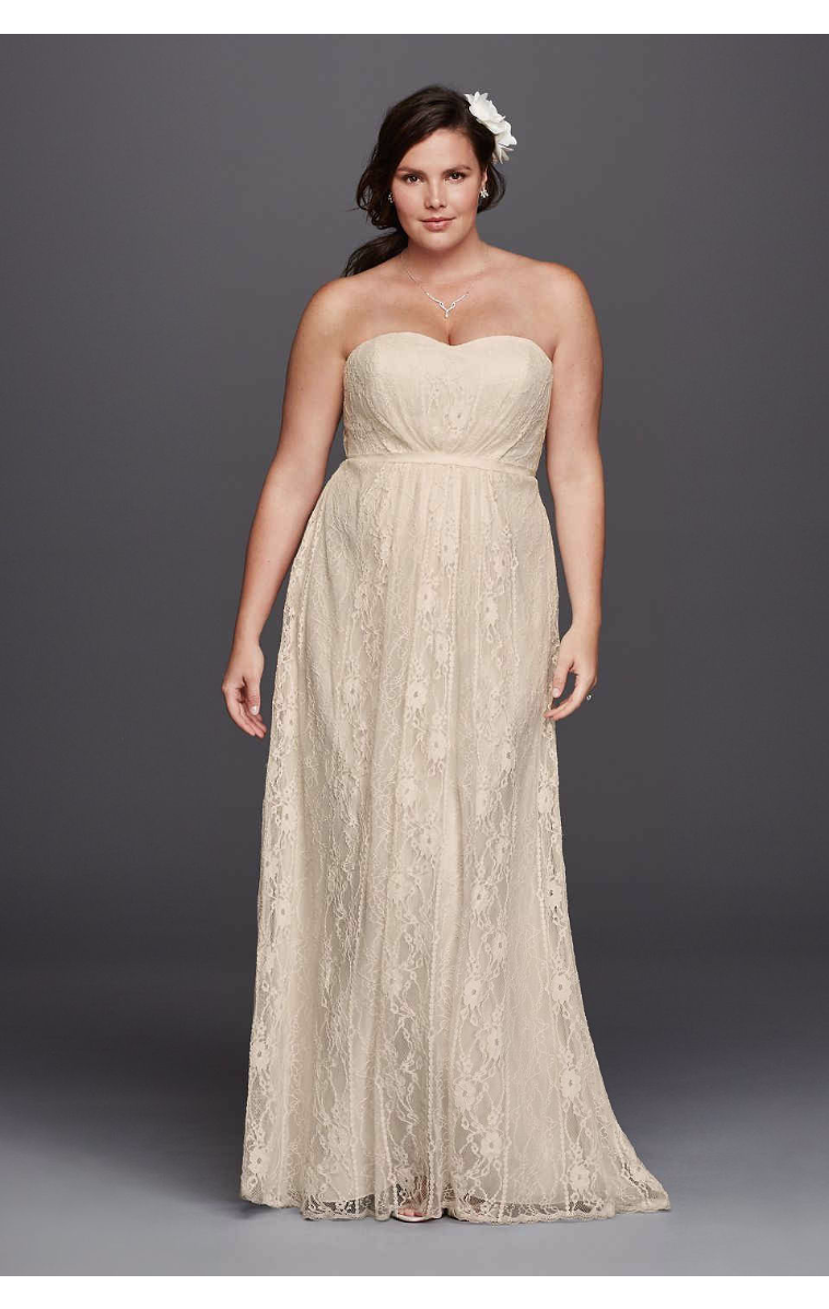 Plus Size Strapless Sweetheart Neck Linear Lace Wedding Dress with Ribbon Emellished 9WG3782
