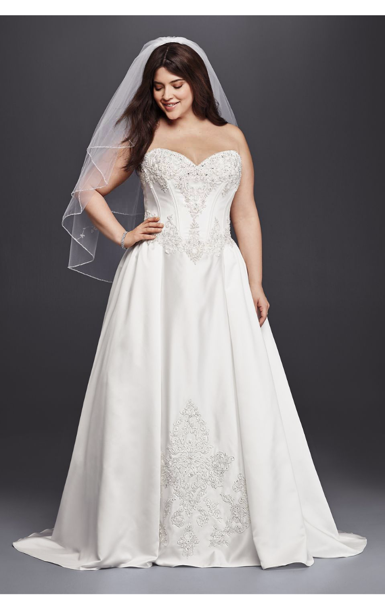Fashion Plus Size Strapless Sweetheart Neckline Floor Length Lace Embroidery Satin Ball Gown Wedding Dress 9WG3814