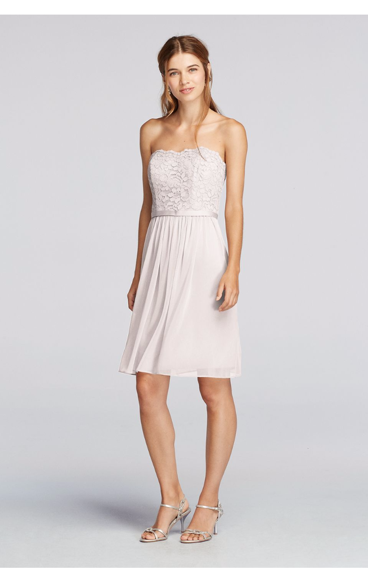 Modern Strapless Short Lace and Mesh Bridesmaid Dress with Scalloped Hem Style F18094