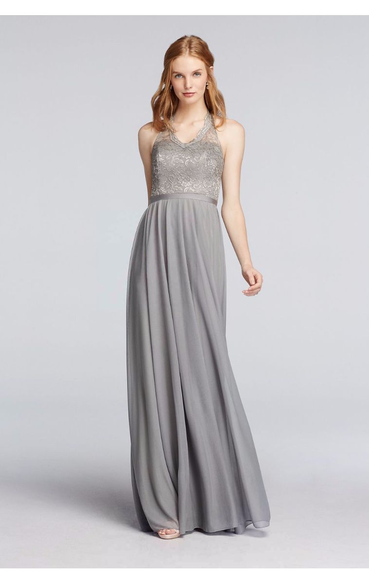 New Halter Long Metallic Dress Bodice Bridesmaid Dresses with A-line Mesh Skirt F19025M