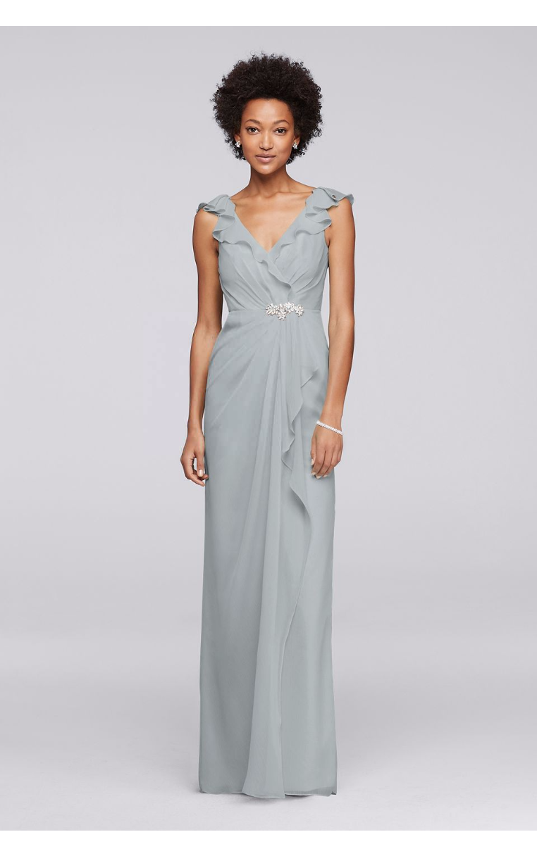 Elegant Long Chiffon JP291749 Style Bridesmaid Dresses with Gathered Bodice and Beaded Brooch