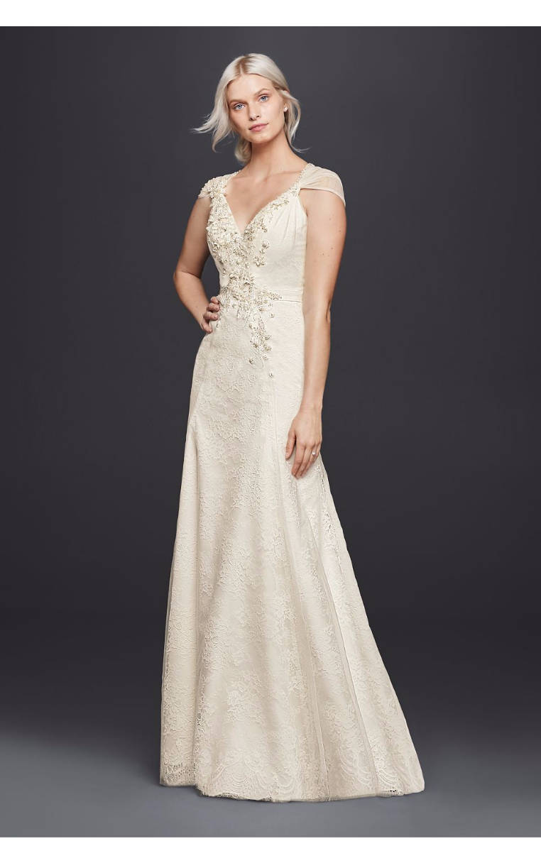 Charming New Coming Cap Sleeves Sheath V-Neck Wedding Dress with Floral Applique JP341703