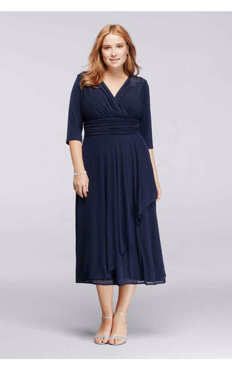 New Arrival Fashion Mother of the Bride 3/4 Sleeve Tea-Length Dress with Beaded Shoulders and V-neck JWJU1AIQ Style