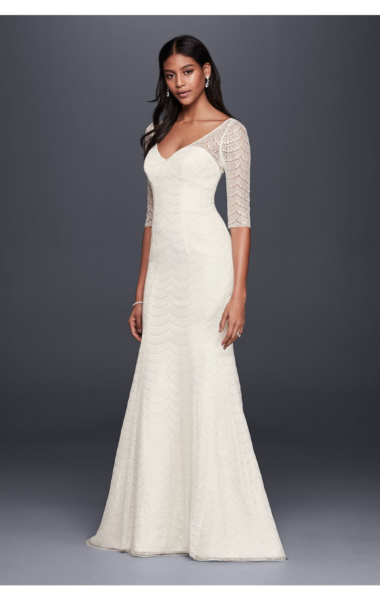 New Style 3/4 Sleeves Floor Length Sheath V-neck Scalloped Lace Wedding Dress OP1298