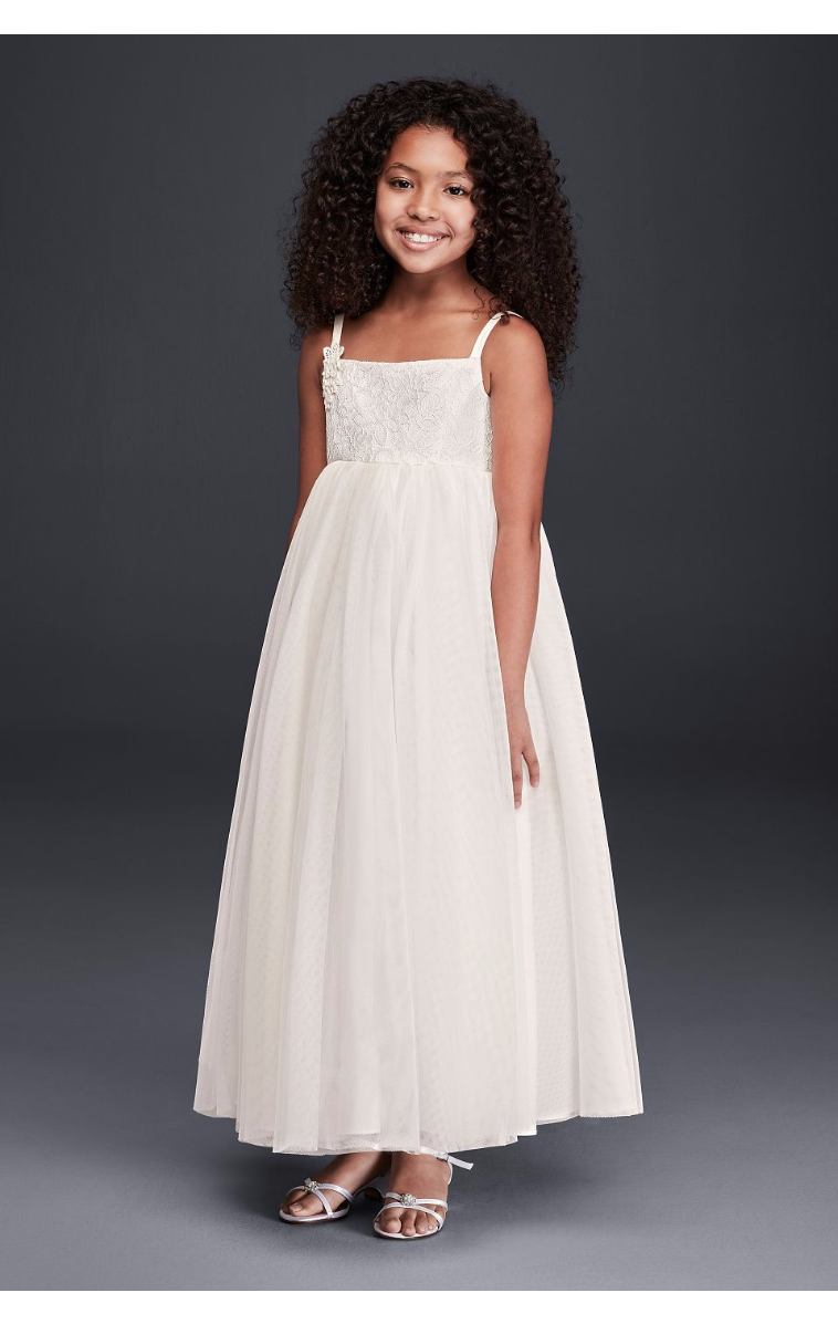 Tank OP212 Full Tulle Lace Applique Flower Girl Ball Gown with Straps