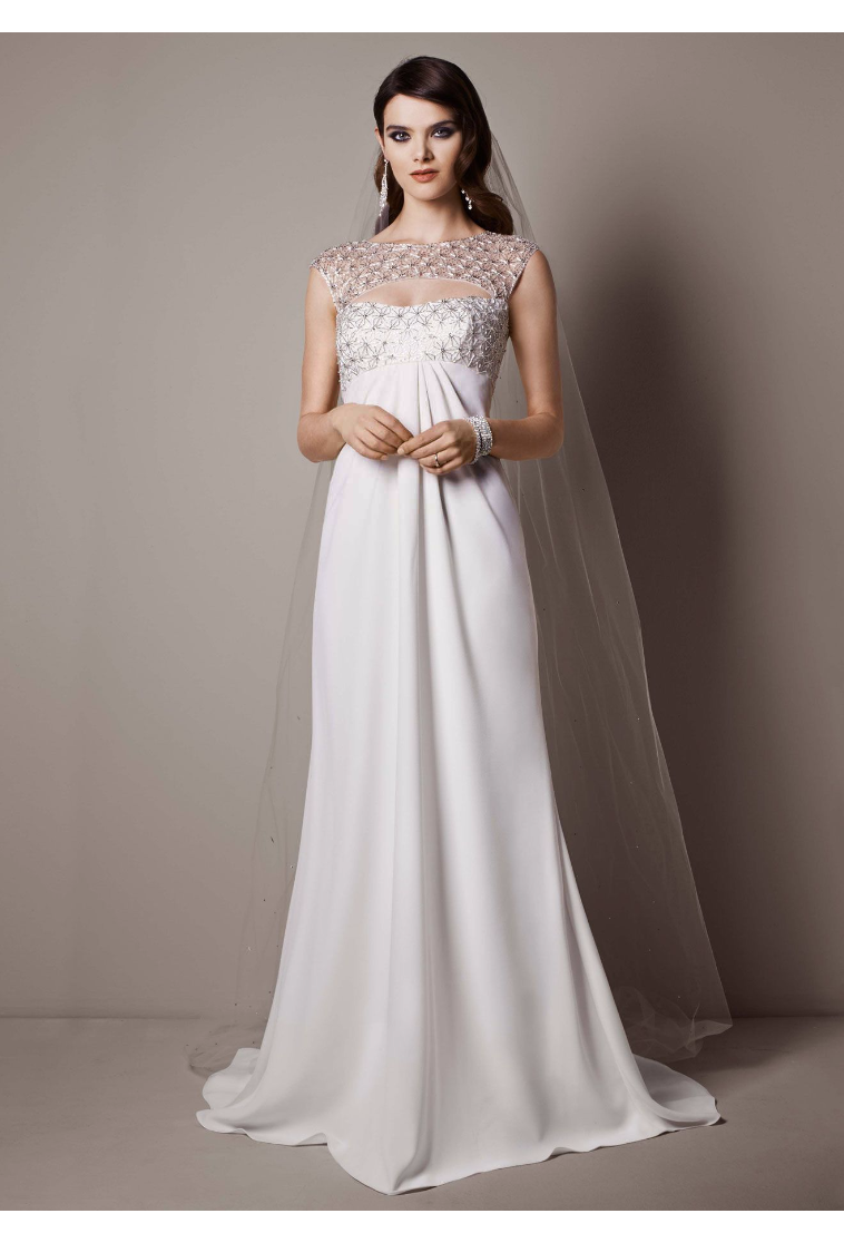 Cap Sleeve Crepe Sheath Gown with Beaded Bodice Style SRL644