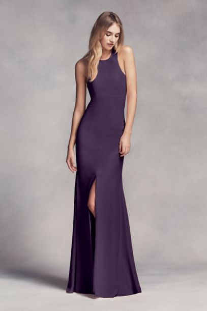 Long VW360297 Halter Bridesmaid Gown with Side Slit