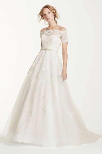 A-line Lace Appliqued Tulle Off Shoulder Short Sleeves WG3728 Wedding Dress