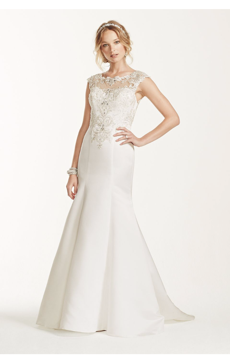Jewel Cap Sleeve Long A-line Trumpt Bridal Gown with Illusion Neckline WG3731