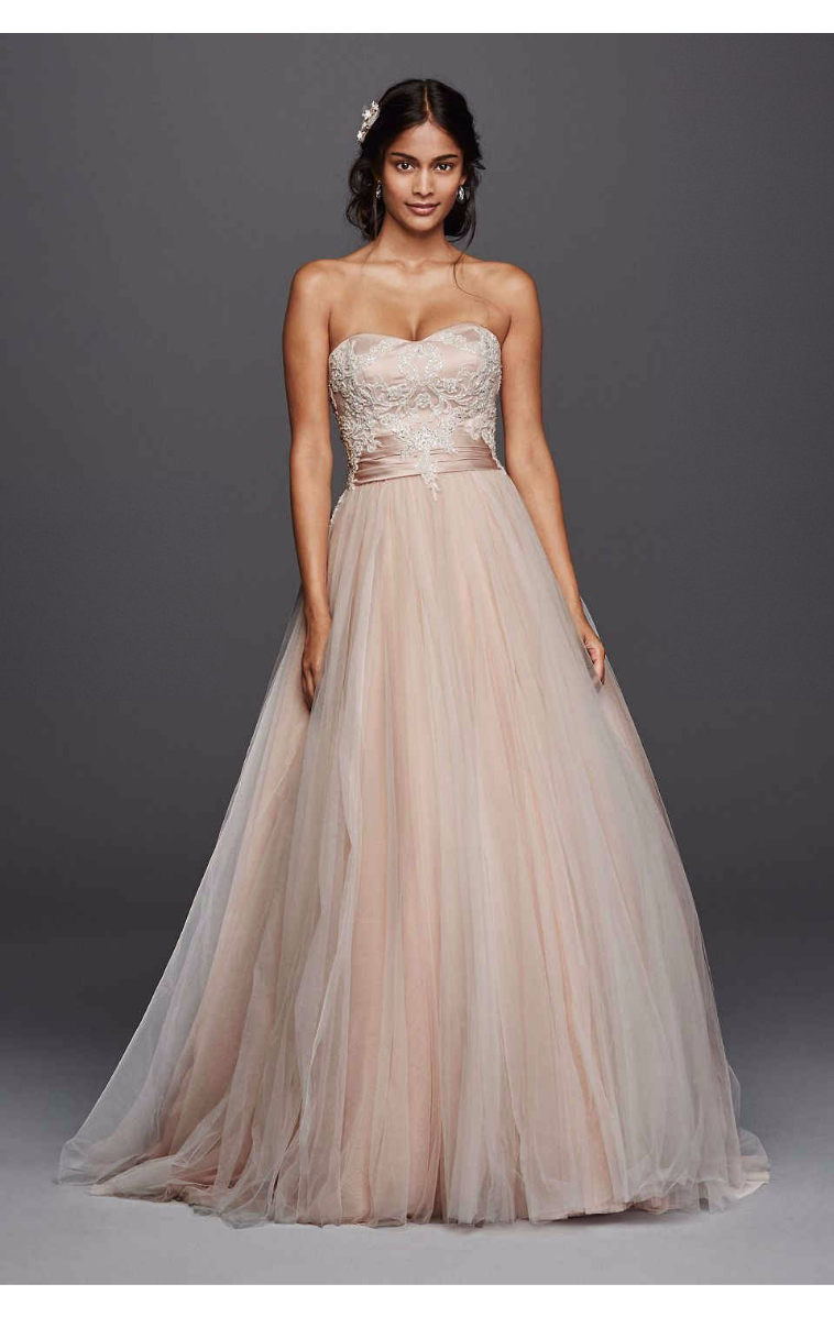 Ivory/Blush Romantic Floor Length Strapless Tulle Ball Gown Wedding Dress with Lace Embroidered Sweetheart Bodice WG3795