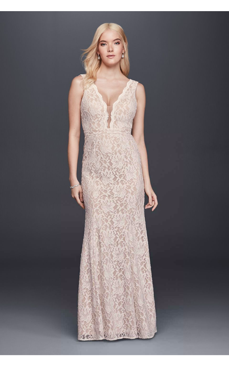 Elegant Newest Plung V-neckline Long Sheath Lace Wedding Gowns XS8491