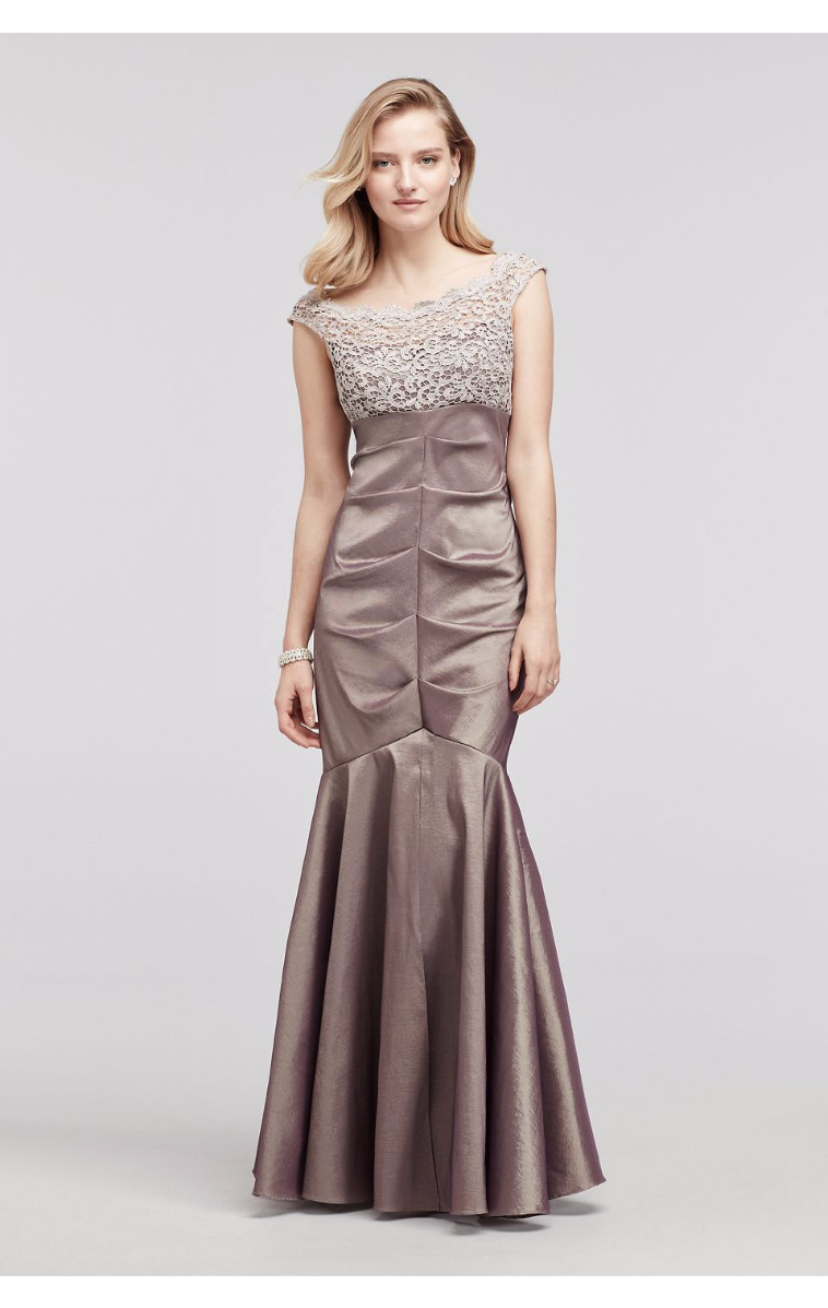 Off the Shoulder Cap Sleeve Glitter Lace Bodice Embellished Long Taffeta Dress XS8549