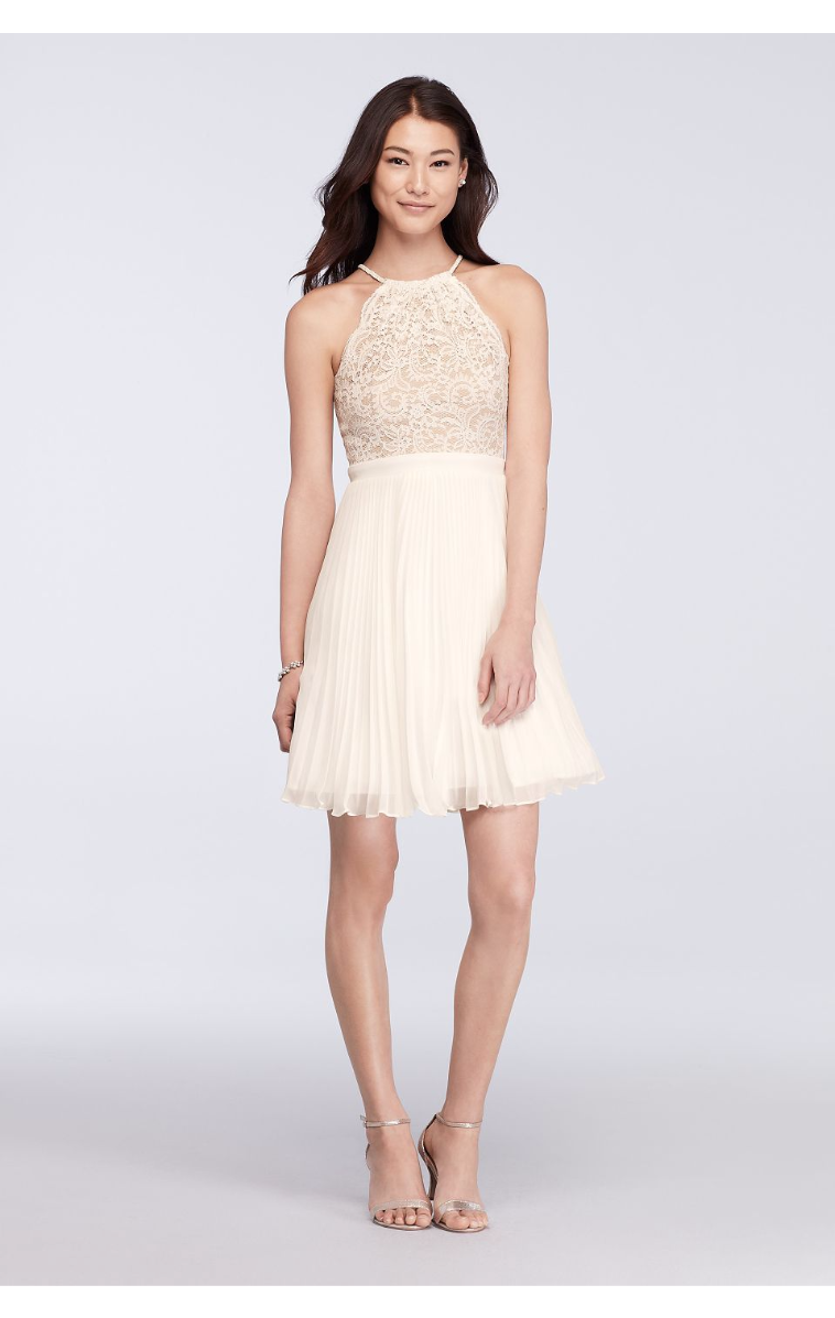New Above Knee Length Halter Lace Party Dresses with Pleated Short Skirt