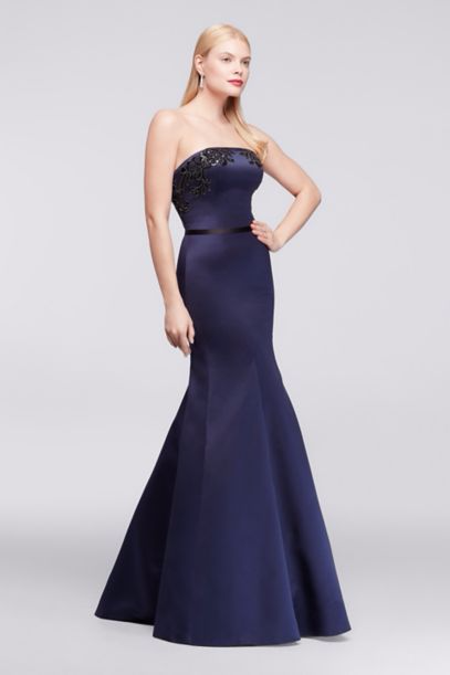 Strapless Long Mermaid Satin Party Appliqued Prom Dress